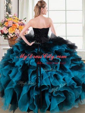 Black and Blue Quinceanera Gowns Military Ball and Sweet 16 and Quinceanera and For with Beading and Ruffles and Hand Made Flower Sweetheart Sleeveless Lace Up