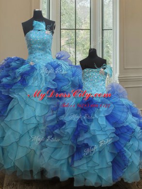Artistic Blue Ball Gown Prom Dress Military Ball and Sweet 16 and Quinceanera and For with Beading and Ruffles Strapless Sleeveless Lace Up