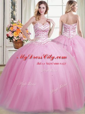 Four Piece Rose Pink Ball Gowns Tulle Sweetheart Sleeveless Beading Floor Length Lace Up Sweet 16 Quinceanera Dress