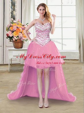 Four Piece Rose Pink Ball Gowns Tulle Sweetheart Sleeveless Beading Floor Length Lace Up Sweet 16 Quinceanera Dress