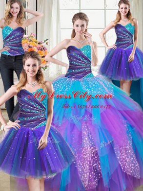 Graceful Four Piece Multi-color Ball Gowns Beading and Ruffles Ball Gown Prom Dress Lace Up Tulle Sleeveless Floor Length