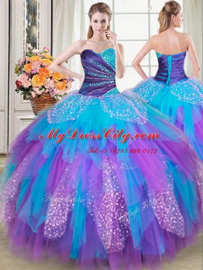 Graceful Four Piece Multi-color Ball Gowns Beading and Ruffles Ball Gown Prom Dress Lace Up Tulle Sleeveless Floor Length
