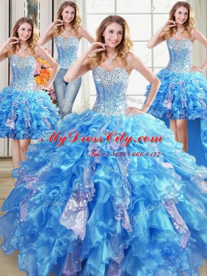 Four Piece Baby Blue Sweetheart Lace Up Beading and Ruffles and Sequins Sweet 16 Dresses Sleeveless