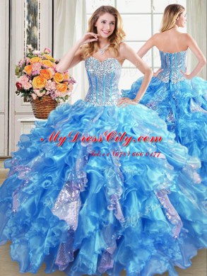 Four Piece Baby Blue Sweetheart Lace Up Beading and Ruffles and Sequins Sweet 16 Dresses Sleeveless