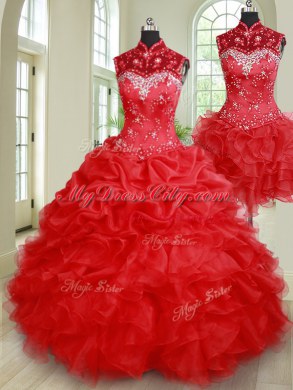 Three Piece Red High-neck Lace Up Beading and Ruffles and Pick Ups Quince Ball Gowns Sleeveless