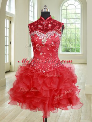 Three Piece Red High-neck Lace Up Beading and Ruffles and Pick Ups Quince Ball Gowns Sleeveless