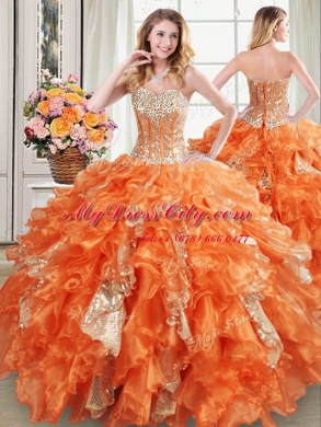 Beading and Ruffles and Sequins Ball Gown Prom Dress Orange Lace Up Sleeveless Floor Length