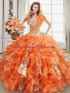 Beading and Ruffles and Sequins Ball Gown Prom Dress Orange Lace Up Sleeveless Floor Length