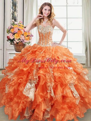 Beading and Ruffles and Sequins Ball Gown Prom Dress Orange Lace Up Sleeveless Floor Length