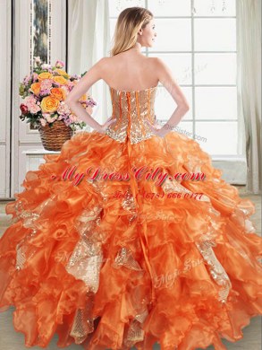 Beading and Ruffles and Sequins Ball Gown Prom Dress Orange Lace Up Sleeveless Floor Length