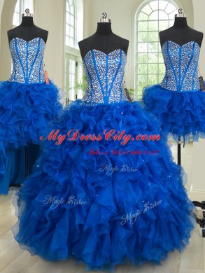Four Piece Royal Blue Ball Gowns Organza Sweetheart Sleeveless Beading and Ruffles Floor Length Lace Up Quinceanera Dresses
