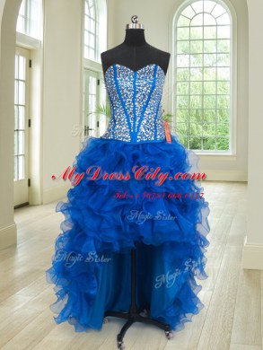 Four Piece Royal Blue Ball Gowns Organza Sweetheart Sleeveless Beading and Ruffles Floor Length Lace Up Quinceanera Dresses
