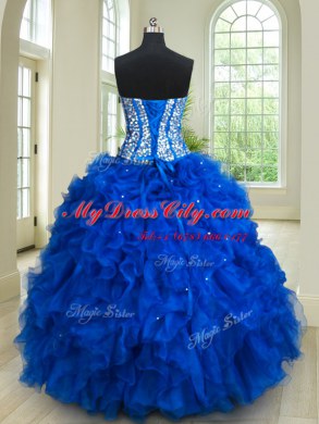 Four Piece Royal Blue Ball Gowns Organza Sweetheart Sleeveless Beading and Ruffles Floor Length Lace Up Quinceanera Dresses