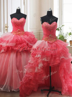 Fitting Three Piece Sleeveless Brush Train Lace Up Beading and Ruffled Layers 15 Quinceanera Dress