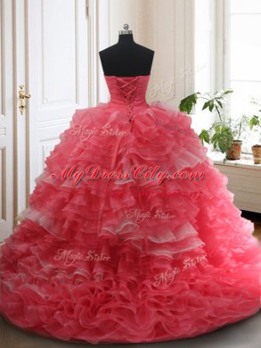 Fitting Three Piece Sleeveless Brush Train Lace Up Beading and Ruffled Layers 15 Quinceanera Dress