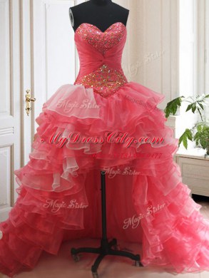 Fitting Three Piece Sleeveless Brush Train Lace Up Beading and Ruffled Layers 15 Quinceanera Dress