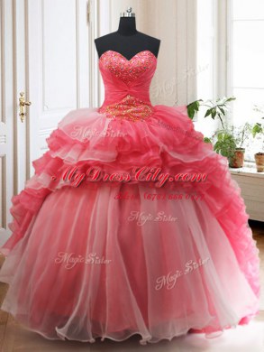 Fitting Three Piece Sleeveless Brush Train Lace Up Beading and Ruffled Layers 15 Quinceanera Dress