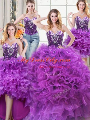 Fine Four Piece Eggplant Purple Sleeveless Beading and Ruffles Floor Length Vestidos de Quinceanera