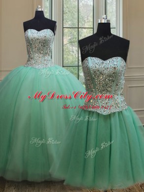 Three Piece Apple Green Sweetheart Lace Up Beading Sweet 16 Dresses Sleeveless