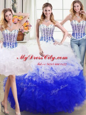 Three Piece White and Blue 15 Quinceanera Dress Military Ball and Sweet 16 and Quinceanera and For with Beading and Ruffles Sweetheart Sleeveless Lace Up