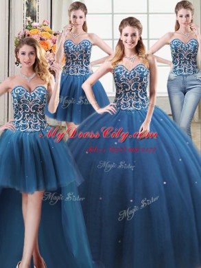 Four Piece Sweetheart Sleeveless Lace Up Sweet 16 Quinceanera Dress Teal Tulle