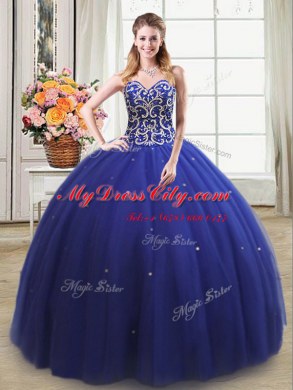 Admirable Sleeveless Tulle Floor Length Lace Up Quinceanera Dresses in Royal Blue with Beading