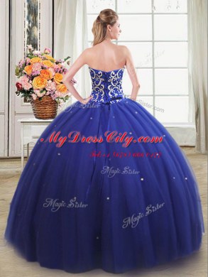 Admirable Sleeveless Tulle Floor Length Lace Up Quinceanera Dresses in Royal Blue with Beading