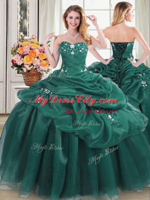 Dark Green Organza Lace Up Sweetheart Sleeveless Floor Length 15 Quinceanera Dress Beading and Appliques and Pick Ups
