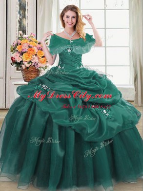 Dark Green Organza Lace Up Sweetheart Sleeveless Floor Length 15 Quinceanera Dress Beading and Appliques and Pick Ups