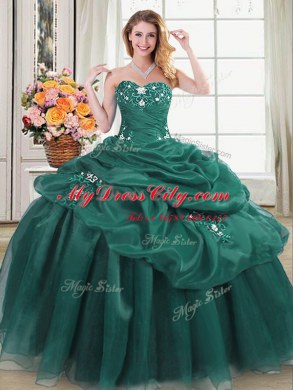 Dark Green Organza Lace Up Sweetheart Sleeveless Floor Length 15 Quinceanera Dress Beading and Appliques and Pick Ups