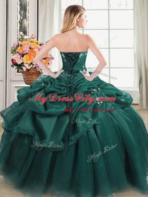 Dark Green Organza Lace Up Sweetheart Sleeveless Floor Length 15 Quinceanera Dress Beading and Appliques and Pick Ups