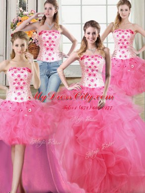 Customized Four Piece Strapless Sleeveless Quince Ball Gowns Floor Length Beading and Appliques and Ruffles Hot Pink Tulle