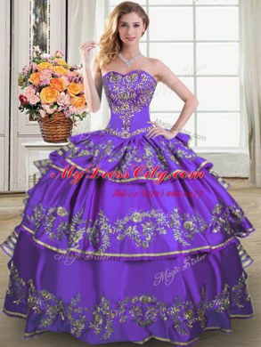 Floor Length Eggplant Purple Vestidos de Quinceanera Taffeta Sleeveless Beading and Embroidery and Ruffled Layers