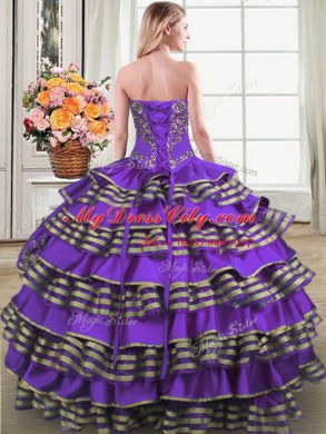 Floor Length Eggplant Purple Vestidos de Quinceanera Taffeta Sleeveless Beading and Embroidery and Ruffled Layers