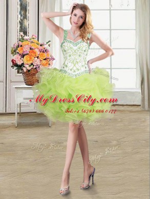 Four Piece Yellow Green Ball Gowns Organza Straps Sleeveless Beading and Lace and Ruffles Floor Length Lace Up Quinceanera Dresses