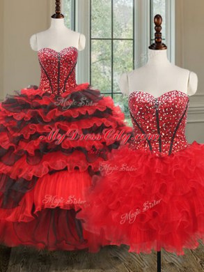 Three Piece Beading and Ruffled Layers Quinceanera Dresses Black and Red Lace Up Sleeveless Floor Length
