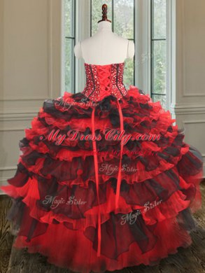 Three Piece Beading and Ruffled Layers Quinceanera Dresses Black and Red Lace Up Sleeveless Floor Length