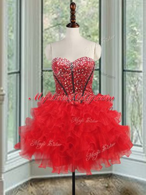 Three Piece Beading and Ruffled Layers Quinceanera Dresses Black and Red Lace Up Sleeveless Floor Length