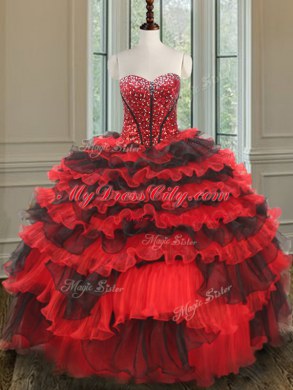 Three Piece Beading and Ruffled Layers Quinceanera Dresses Black and Red Lace Up Sleeveless Floor Length