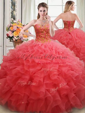 Sleeveless Floor Length Beading and Ruffles Lace Up Quinceanera Gowns with Coral Red