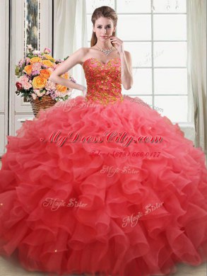 Sleeveless Floor Length Beading and Ruffles Lace Up Quinceanera Gowns with Coral Red