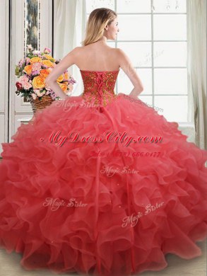 Sleeveless Floor Length Beading and Ruffles Lace Up Quinceanera Gowns with Coral Red
