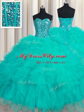 New Arrival Floor Length Lace Up Quince Ball Gowns Turquoise for Military Ball and Sweet 16 and Quinceanera with Beading and Ruffles
