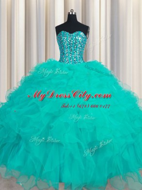 New Arrival Floor Length Lace Up Quince Ball Gowns Turquoise for Military Ball and Sweet 16 and Quinceanera with Beading and Ruffles