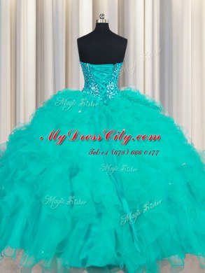 New Arrival Floor Length Lace Up Quince Ball Gowns Turquoise for Military Ball and Sweet 16 and Quinceanera with Beading and Ruffles
