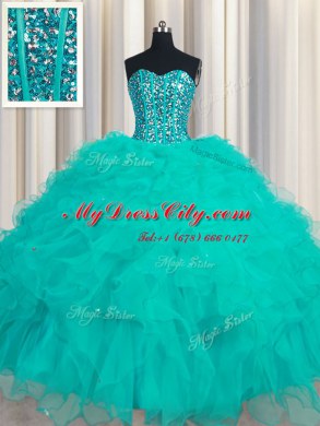 New Arrival Floor Length Lace Up Quince Ball Gowns Turquoise for Military Ball and Sweet 16 and Quinceanera with Beading and Ruffles