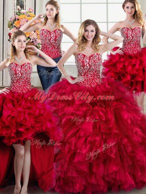 Four Piece Organza Sweetheart Sleeveless Brush Train Lace Up Beading and Ruffles Quinceanera Gown in Red
