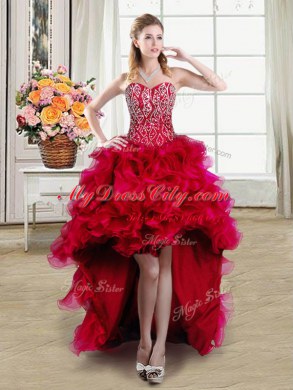 Four Piece Organza Sweetheart Sleeveless Brush Train Lace Up Beading and Ruffles Quinceanera Gown in Red
