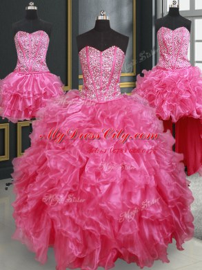 Beauteous Four Piece Hot Pink Ball Gowns Organza Sweetheart Sleeveless Beading and Ruffles Floor Length Lace Up Sweet 16 Dresses