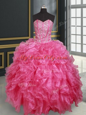 Beauteous Four Piece Hot Pink Ball Gowns Organza Sweetheart Sleeveless Beading and Ruffles Floor Length Lace Up Sweet 16 Dresses